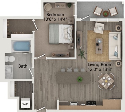 Floor plan for 1 bed, 1 bath, 757 sqft